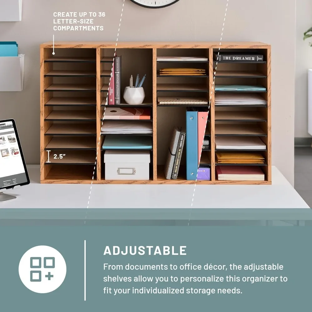 Wooden Paper and Mail Organizer for Home Office and Classroom, Adjustable Shelves Stackable, 36 Compartments, Medium Oak