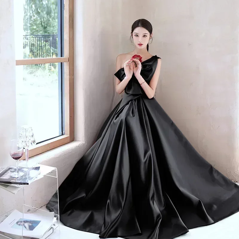 Black Evening Dress Elegant Temperament Prom Vestidos Bow