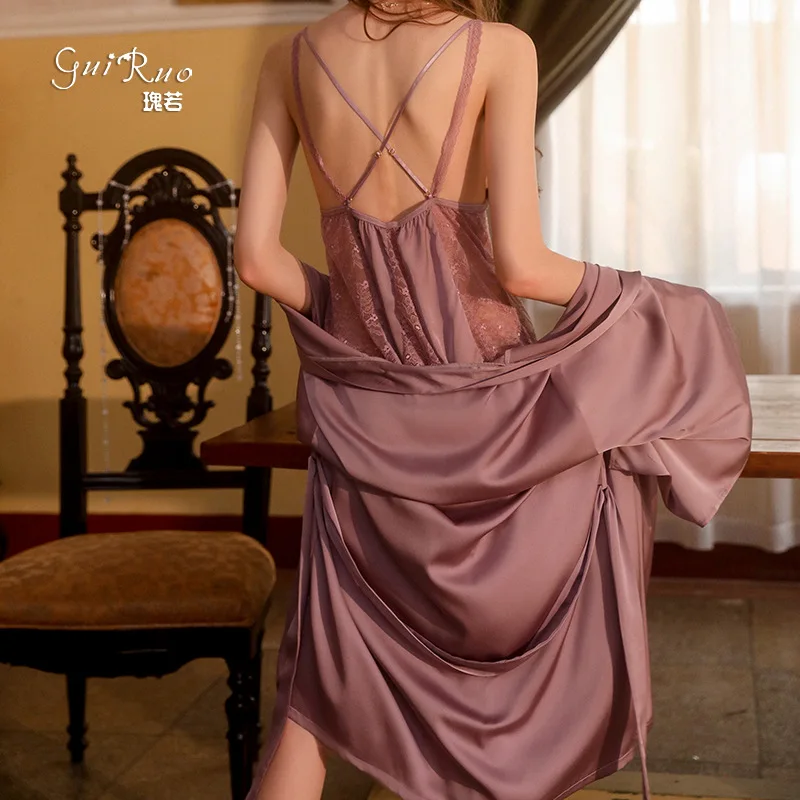 Women's Silk Satin Pajama Set, 3-piece Lingerie, Floral Lace Camouflage Pajama With Suspender Jacket, Morning Robe, Home Outfit