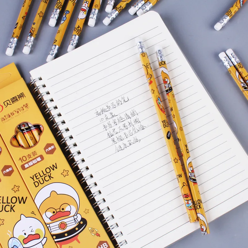 10Pcs/Set Cute Cartoon Yellow Duck HB Pencil Sketching Drawing Hexagonal Pencil Office School Suppiles Kawaii Stationery Gift 4