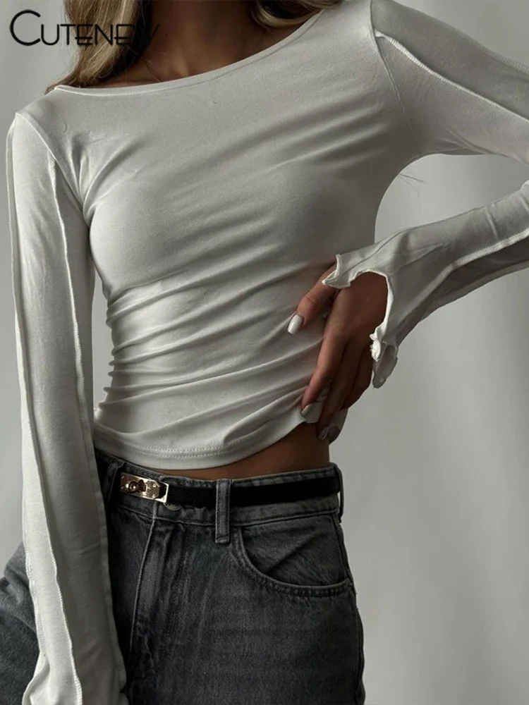Camisetas clásicas salvajes para mujer, tendencia de otoño, nuevas camisetas ajustadas con cuello redondo y manga larga lisas, camisetas básicas de calle para mujer, nuevas camisetas diarias