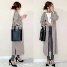 

Корейская шикарная Женская Однотонная рубашка, свободная прямая футболка с длинным рукавом, модный кардиган, топы, офисные женские повседн...