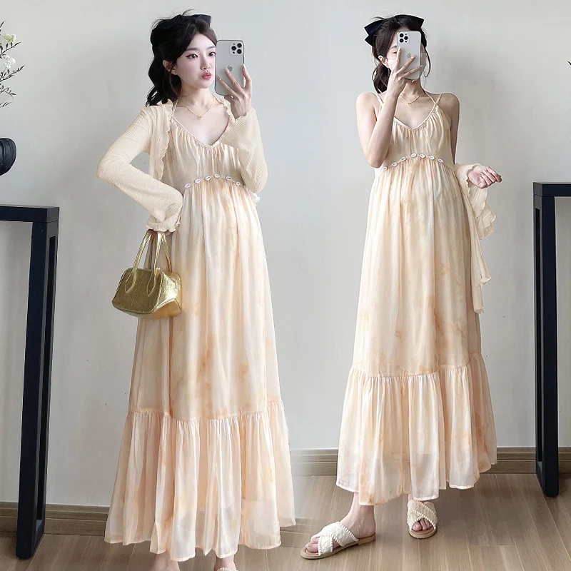 2026 봄 임부복 세트 스윗 하이웨이스트 V넥 스트랩 드레스와 긴팔 가디건 임산부 투피스 세트