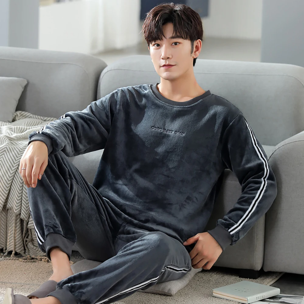 4XL Men's Winter Big Size Pajamas Set Thicken Double-sided Coral Fleece Pajama Man Casual Solid Sleepwear Soft Warm Pyjama Homme