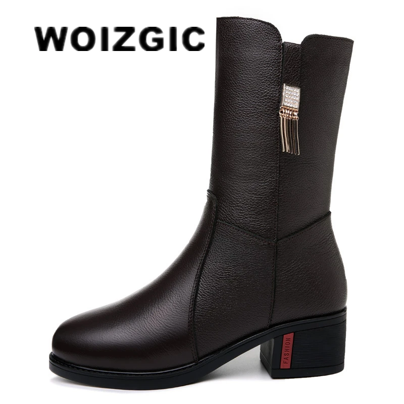 

WOIZGIC Female Women's Mother Ladies Mid Calf High Heel Genuine Leather Shoes Boots Winter Fur Plush Zipper Plus Size 35-41