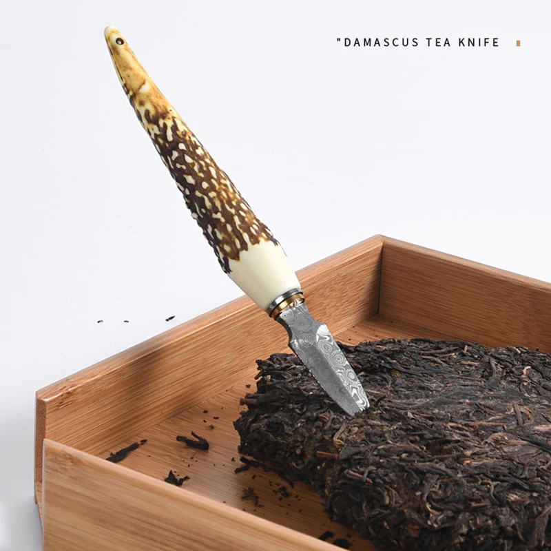 Description Picture 5 of itemNEW 1Pcs Stainless Steel Chinese Puer Tea Needle Cutter Unique Antler handle Damascus Tea Knife