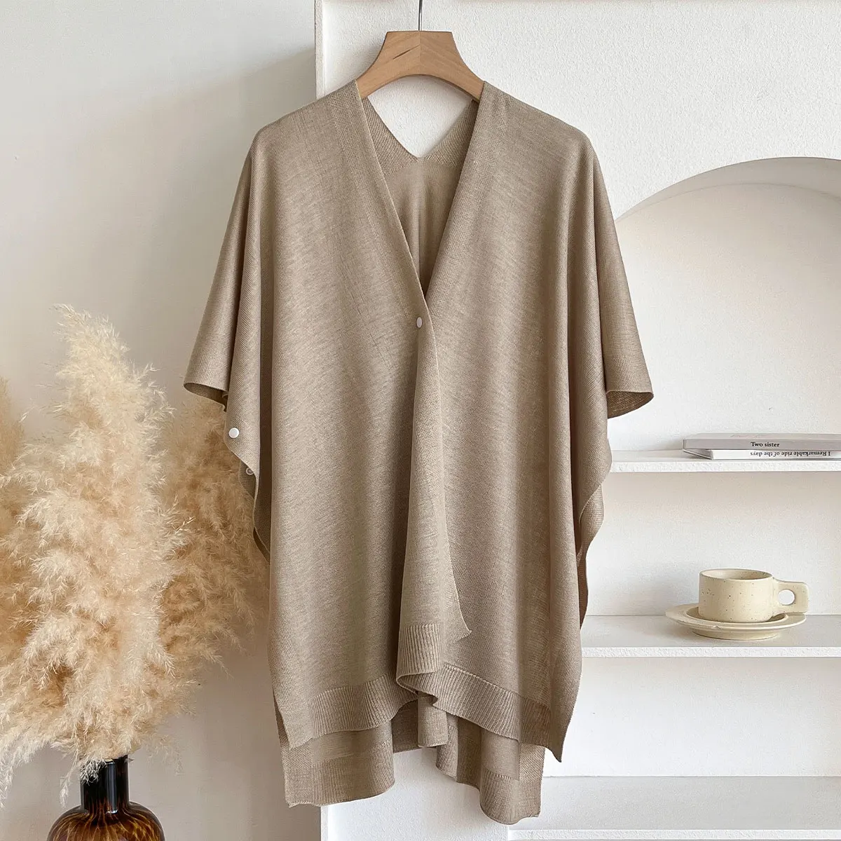 2025 Latest Design Knitted Cloak Women V-neck Solid Color One Button Shawl Simple Fashion Soft Thin Sunscreen Coat Female Scraf