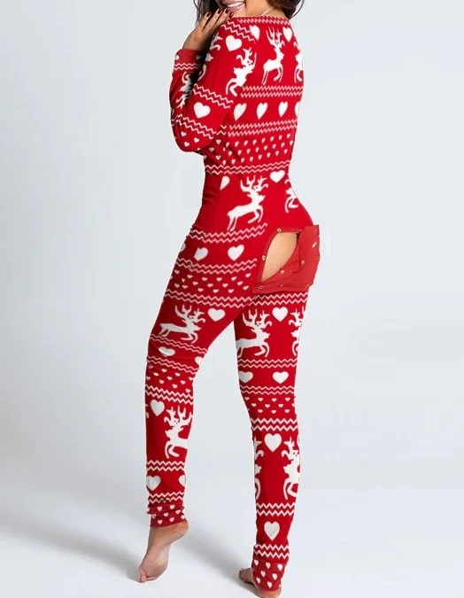 Button Flip Adult Pajamas Printed Christmas Long Sleeved Home Suit Jumpsuit 2023 Autumn Winter New Fashion Sexy Long Jumpsuit