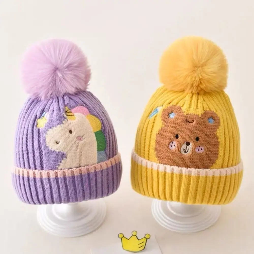 

Solid Color Cartoon Knitted Hat Cute Hairball Woolen Kids Crochet Hat Skullies Thermal Hat Baby Beanie Cap Newborn