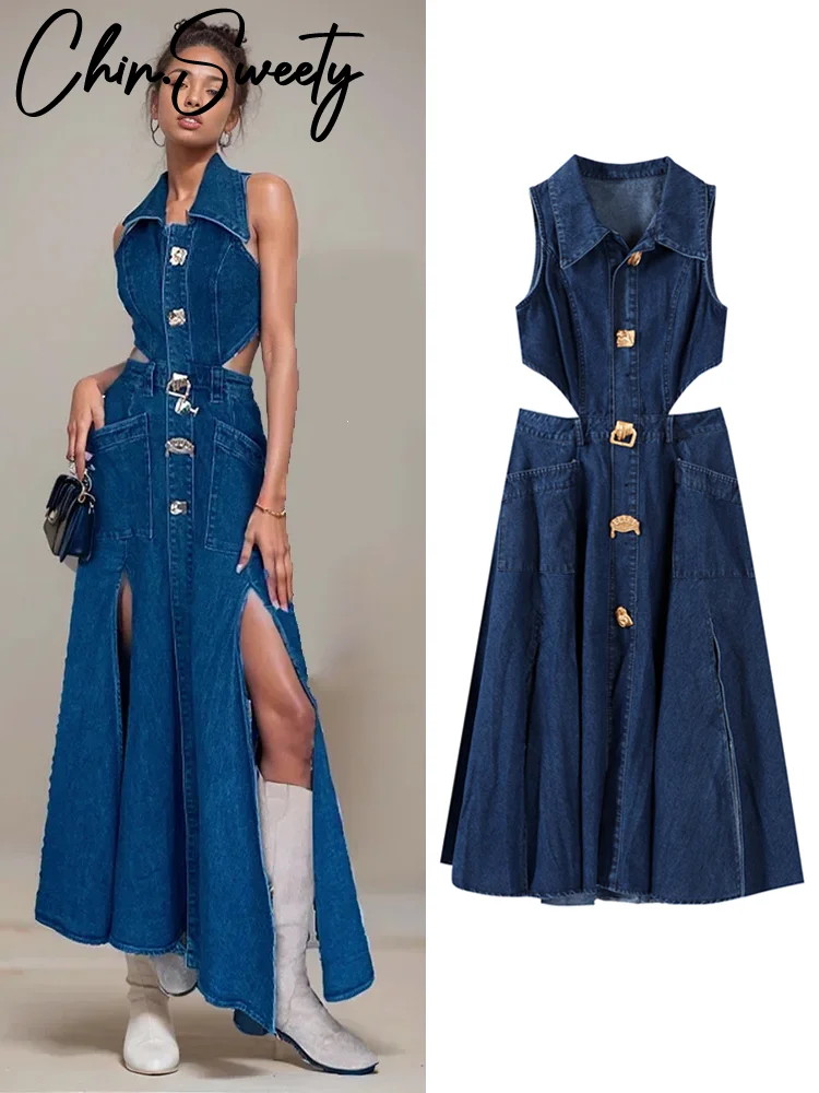 【BAON】Torom Half Open Denim Collar Long One Piece Sexy Denim Hollow Out Dress Women Sleeveless Turndown Collar