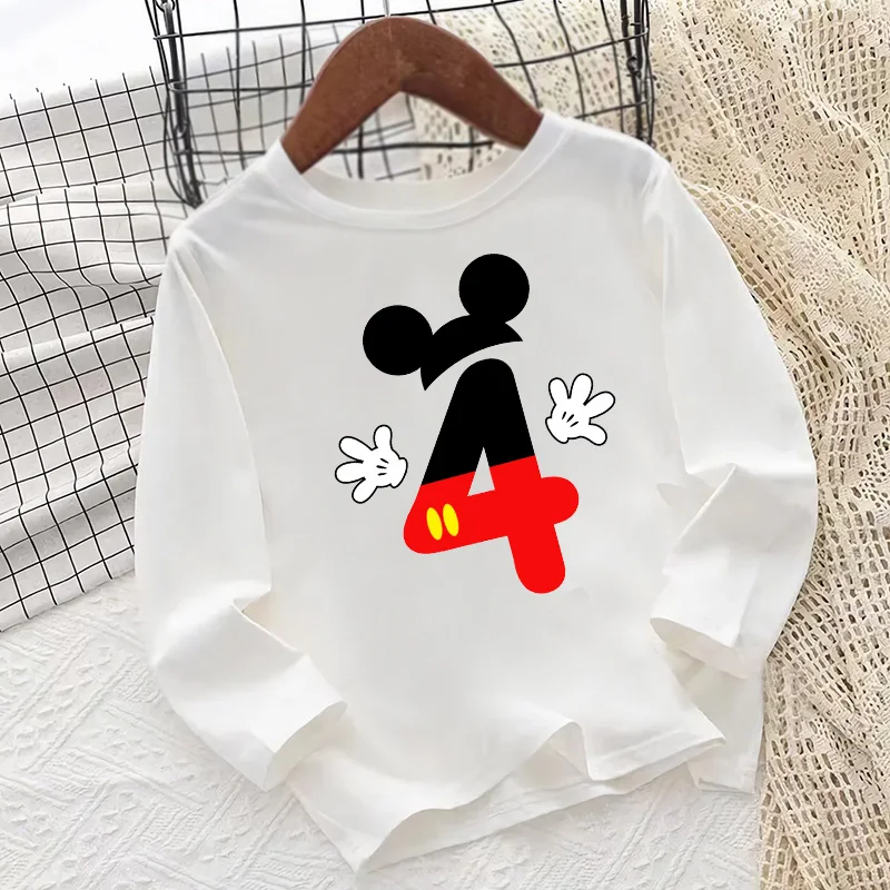 미키 마우스 숫자 리본 프린트 키즈 티셔츠 1 2 3 4 5 6 7 8 9세 생일 축하 긴팔 여아 의류  남아 티셔츠