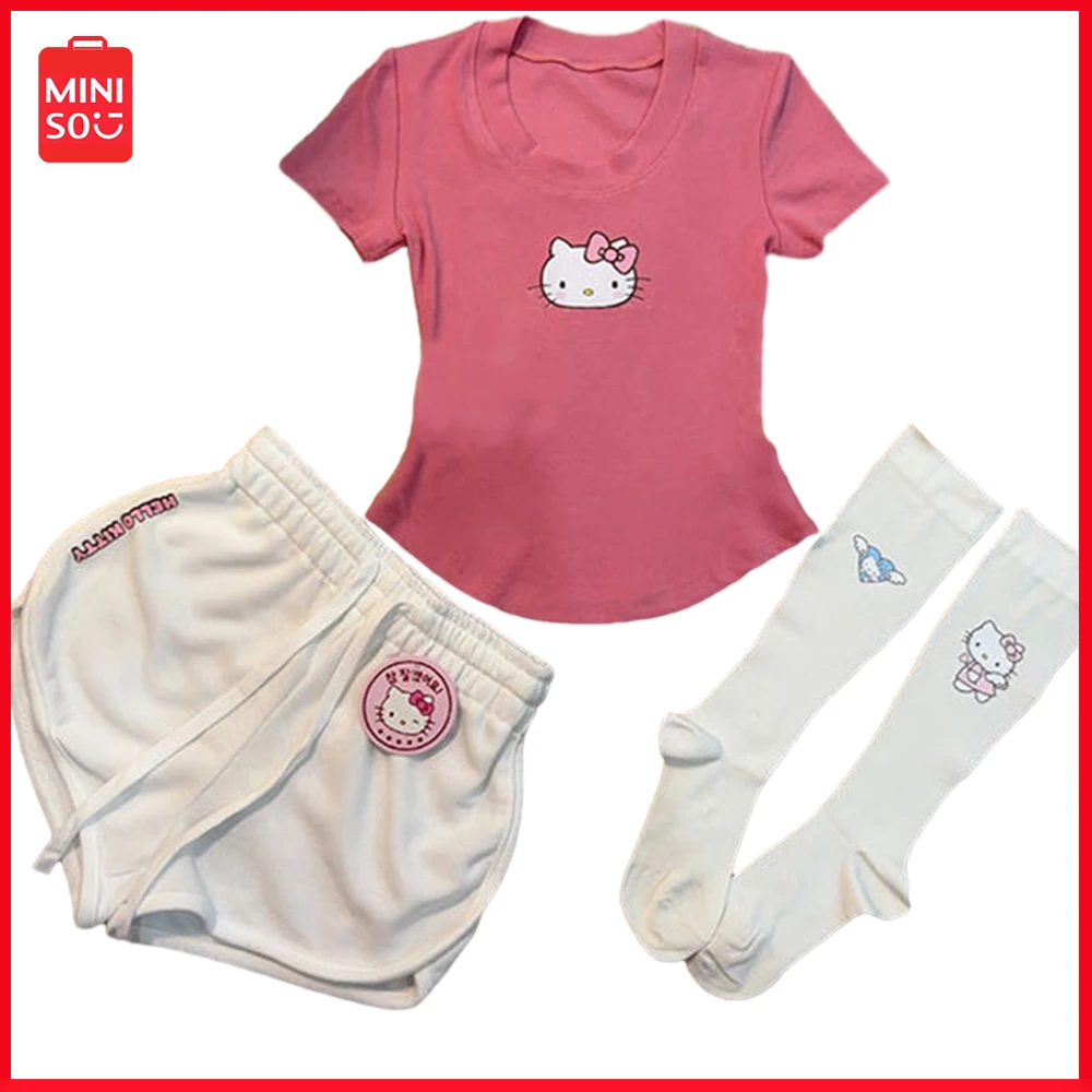 

New Miniso Y2K Sanrio Hellokitty Shorts Short Sleeve Cotton Socks Two-Piece Suit Sports Fitness Suit Short Sleeve Suit Gift