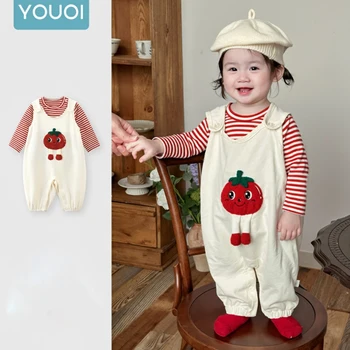 Baby girl new set autumn cute tomato fake two-piece shoulder strap jumpsuit baby pure cotton striped long sleeved hoodie jumpsui 1