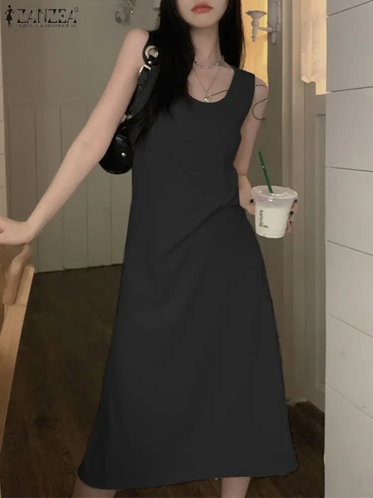 

Summer Solid Party Midi Dress ZANZEA Women Fashion Elegant Sleeveless Tanks Sundress Casual A-line Work OL Vestidos Sarafans