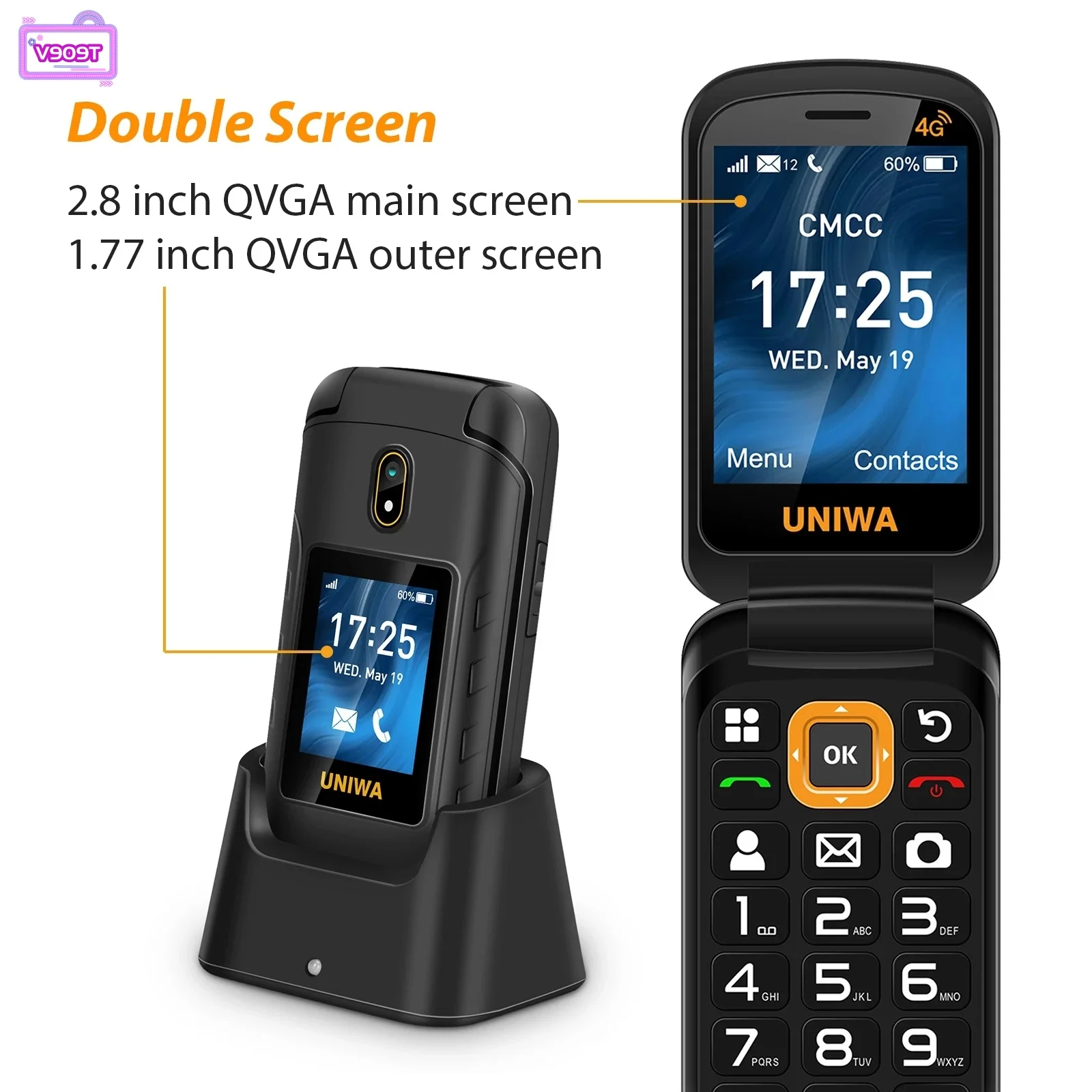 Original UNIWA V909T Dual Screen 2.8inches 4G Flip Cellphone Big Push-Button Brand New FM Radio Feature Phone