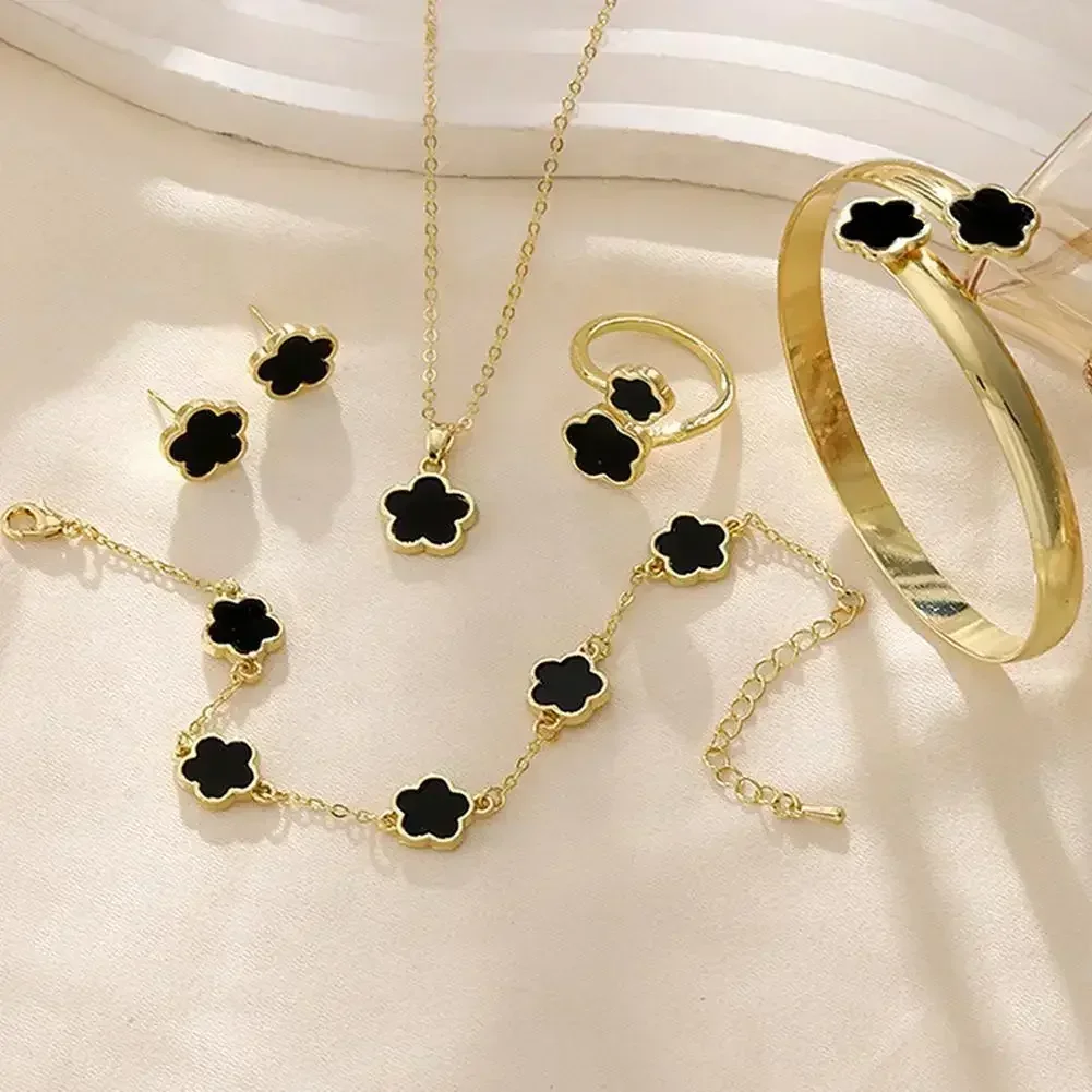 5pcs/set Luxury Quality Jewelry Sets Plum Blossom Plant Five Leaf Flower Women's Earrings Rings Bracelet Necklace Bangles Gift - Image 2