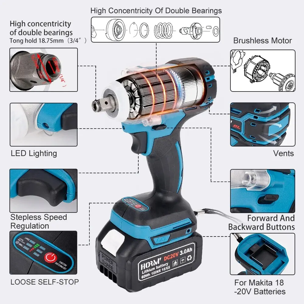 Hormy 1/2 Inch Brushless Electric Impact Wrench 520NM Cordless Electric Wrench For Makita 18V Battery Screwdriver Power Tools