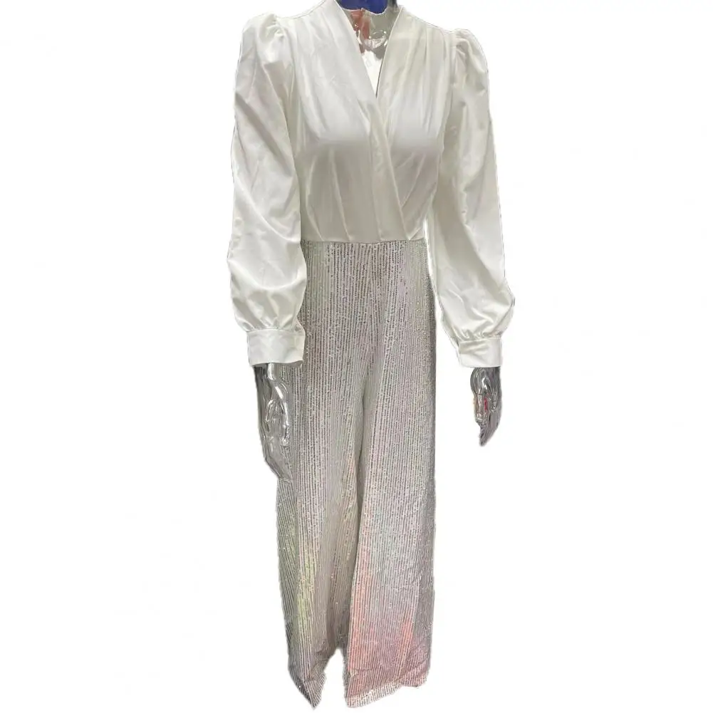 Women Wide-leg Jumpsuit Elegant Ladies' Shiny Sequin Prom Jumpsuit Wide Leg Long Sleeve V Neck for Parties Evening Events Ladies
