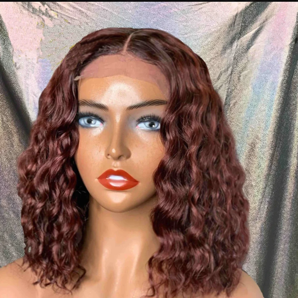 

Dark Wine Full Lace Silk Base Wig Bob Kinky Curly Human Hair Silk Top Wig For Women Glueles With Baby Hair Preplucked Wig