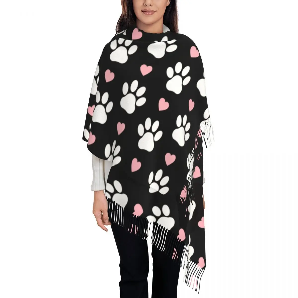 

Lady Long Pattern Of Paws White Dog Paw Paw Scarves Women Winter Fall Soft Warm Tassel Shawl Wrap Pretty Pink Hearts Puppy Scarf
