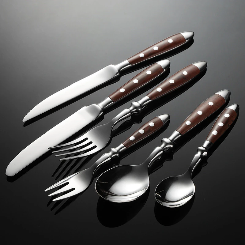 430 Stainless Steel Western Cutlery Set Point Rivets Wooden Handle Dinnerware Knife Fork Spoon Teaspoon for Kitchen western style cutlery set stainless steel cutlery set cutlery set