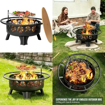 Outdoor 38 Wood Burning Fire Pit with Grill, Spark Screen, and Fire Poker, Swivel C Table for Backyard Entertainment 1