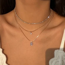 Lacteo Multilayer Full Rhinestone Tennis Chain Women's Necklace Zircon Pendant Short Choker Jewelry Party Wedding Fashion