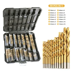 Premium Titanium Coated High Speed Steel Drill Bit Set - Hex Shaft & Spiral Twist for Versatile Drilling in Metal, Wood, and Plastic (99pcs boxed)