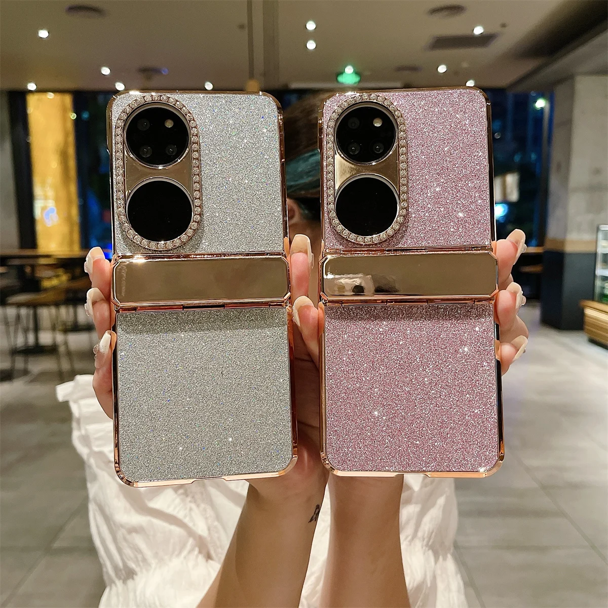 Luxury Plating Bling Glitter Phone Case For Huawei P50 Pocket Hard PC Leather Shockproof Hinge Protection Cover For Pocket 2