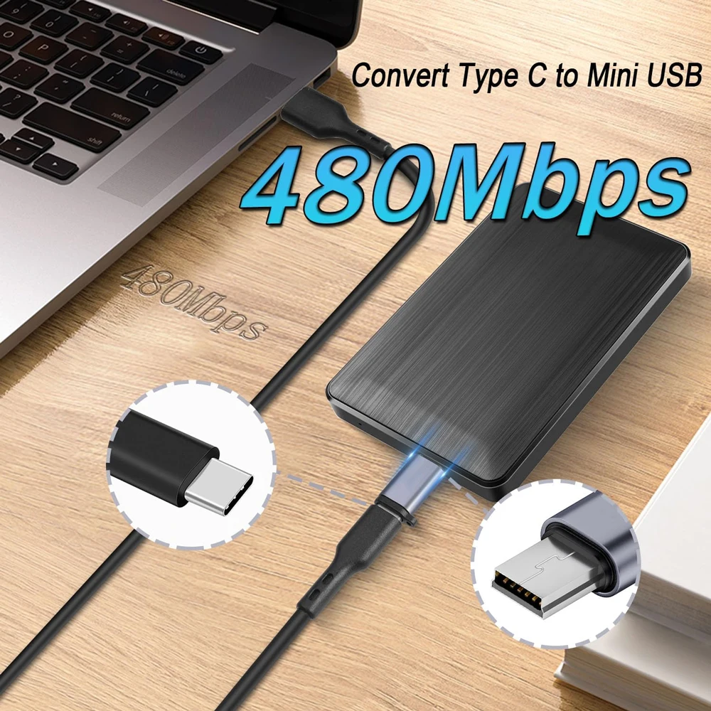 480Mbps Mini USB Male to USB C Female Adaptor 18W Mini USB Plug to Type-C Data Connector for Digital Cameras Hard Drives MP3