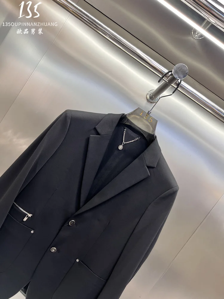 Fashionable Business Casual Suit Jacket Men's 2024 Spring New Zipper Slim Fit Patchwork All-match Long Sleeve Suit Coats