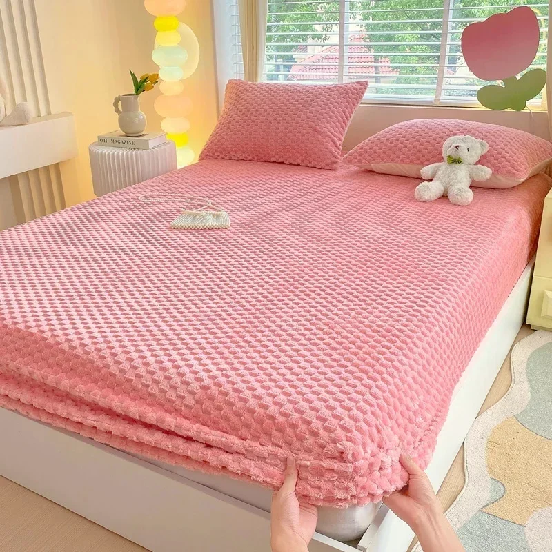 cartoon thickened bean fleece mattress printing winter warm fleece thickened protective cover brown cushion cover bedding