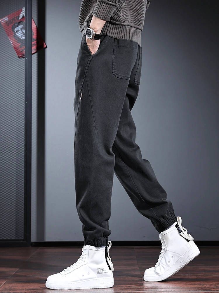 Autumn Cotton Baggy Pants Men Casual Sport Dark Gray Elastic Waist Jogging Trousers