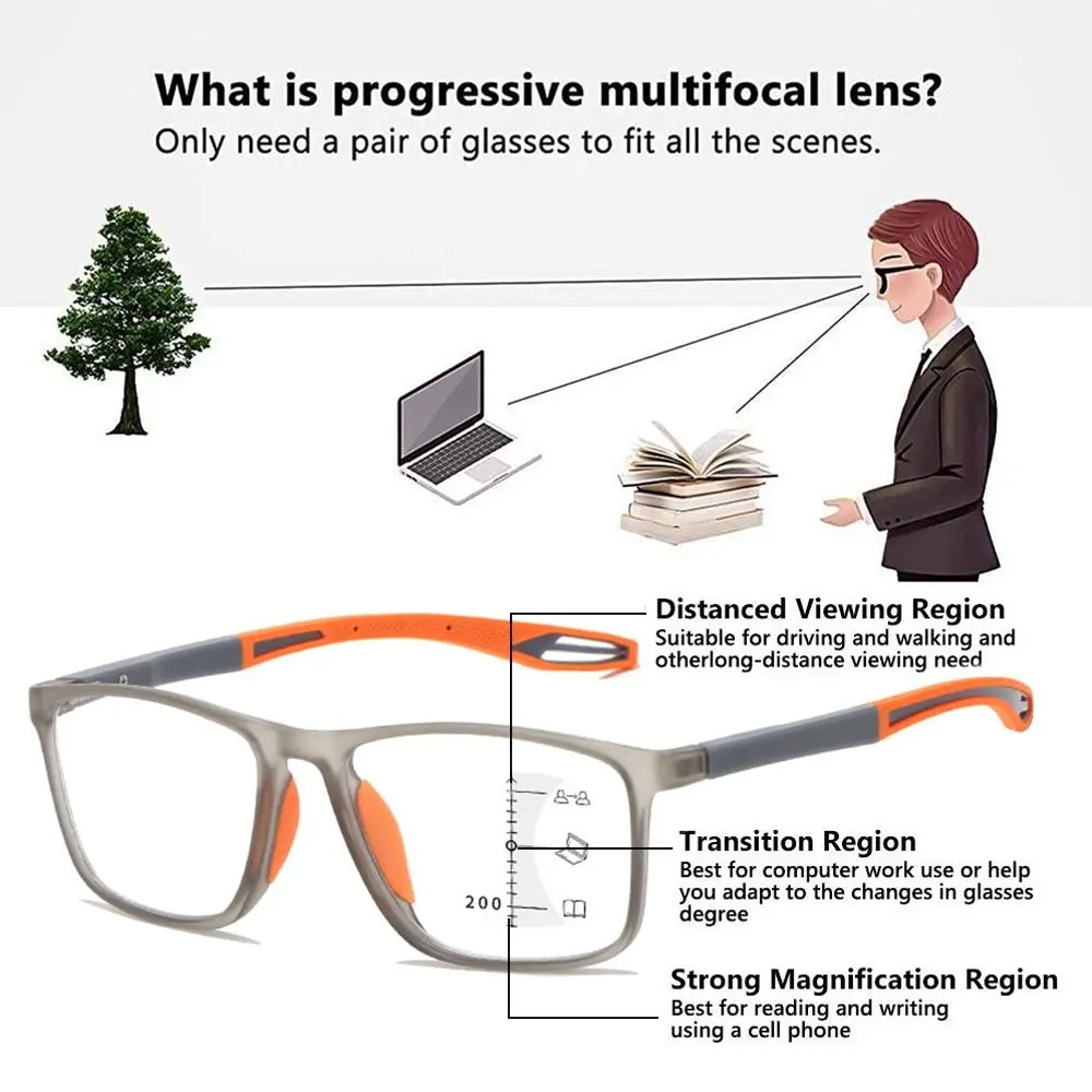 Multifocal Progressive Reading Glasses TR90 Frame Men Women Anti-blue Light Sports Eyeglasses Ultralight Bifocal Presbyopia