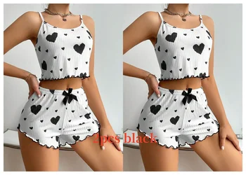 Women's Pajamas Set Sleepwear 2 PCS Short Tank Tops And Shorts S M L White Ventilate Soft Casual Love Printing 9