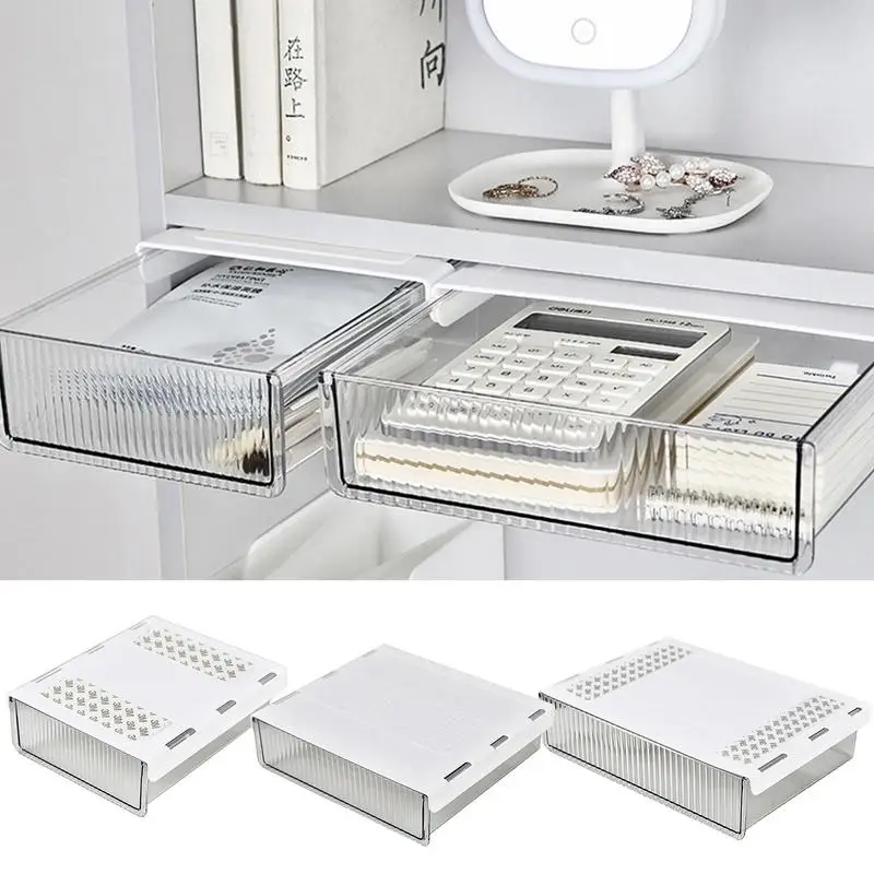 Under Desk Storage Box Invisible Drawer Desk Bottom Slide Out Clear Drawers Organizer Storage Accessory for Tables Office Desks