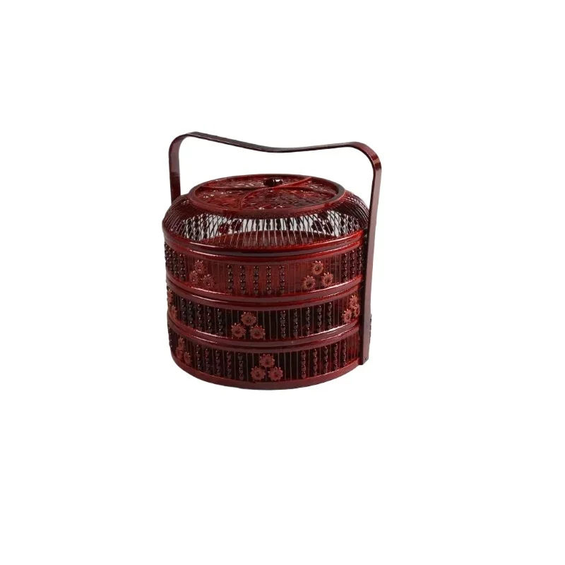 Portable Chinese Style Double-Layer Bamboo Basket Wedding Gift Fruit Basket  Decorative Food Storage Handcrafted Gift Box 6