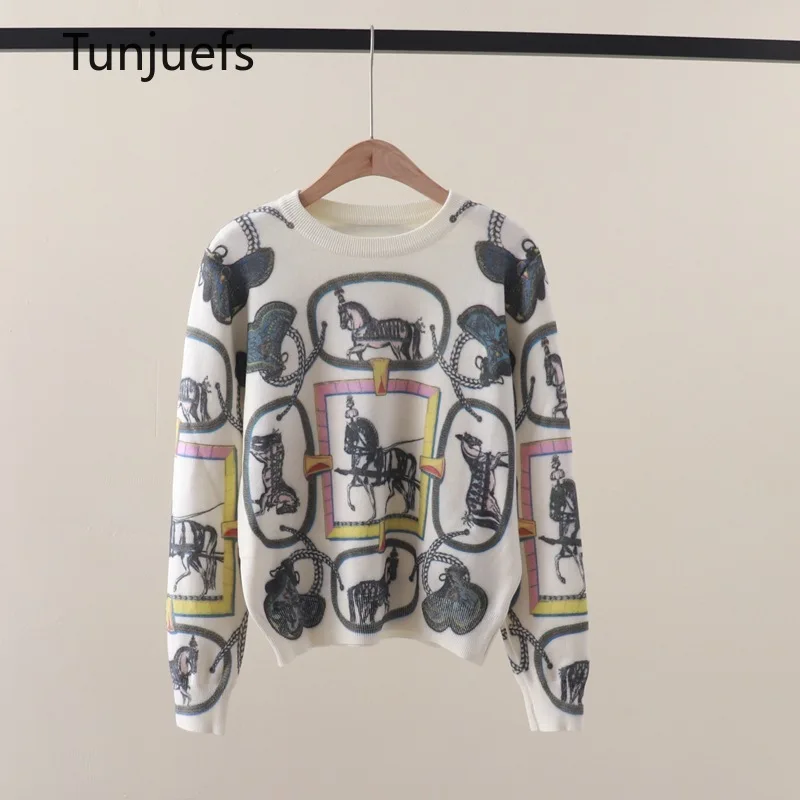 

Horse Print Women's Sweater Pullovers Wool Knit Tops Brand Design Jumper Y2k Blouse Jersey Korea Fashion Autumn Winter Cute New