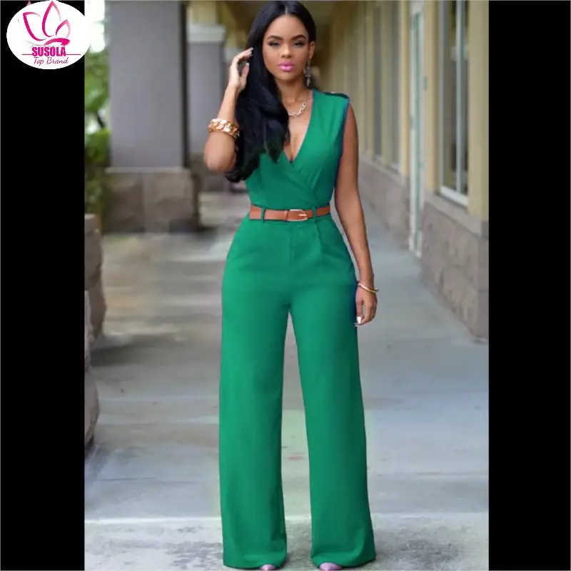 

Lady New White Jumpsuit Long Pants For Women Rompers Sleeveless V -Neck Summer Wide Leg Jumpsuirt With Belt Sexy Club Party