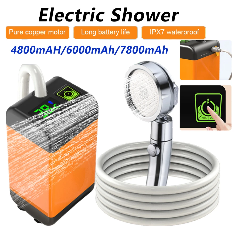Portable Camping Shower Electric Shower Pump 1/3 Gear Rechargeable Camp Temperature Display for Camping Hiking