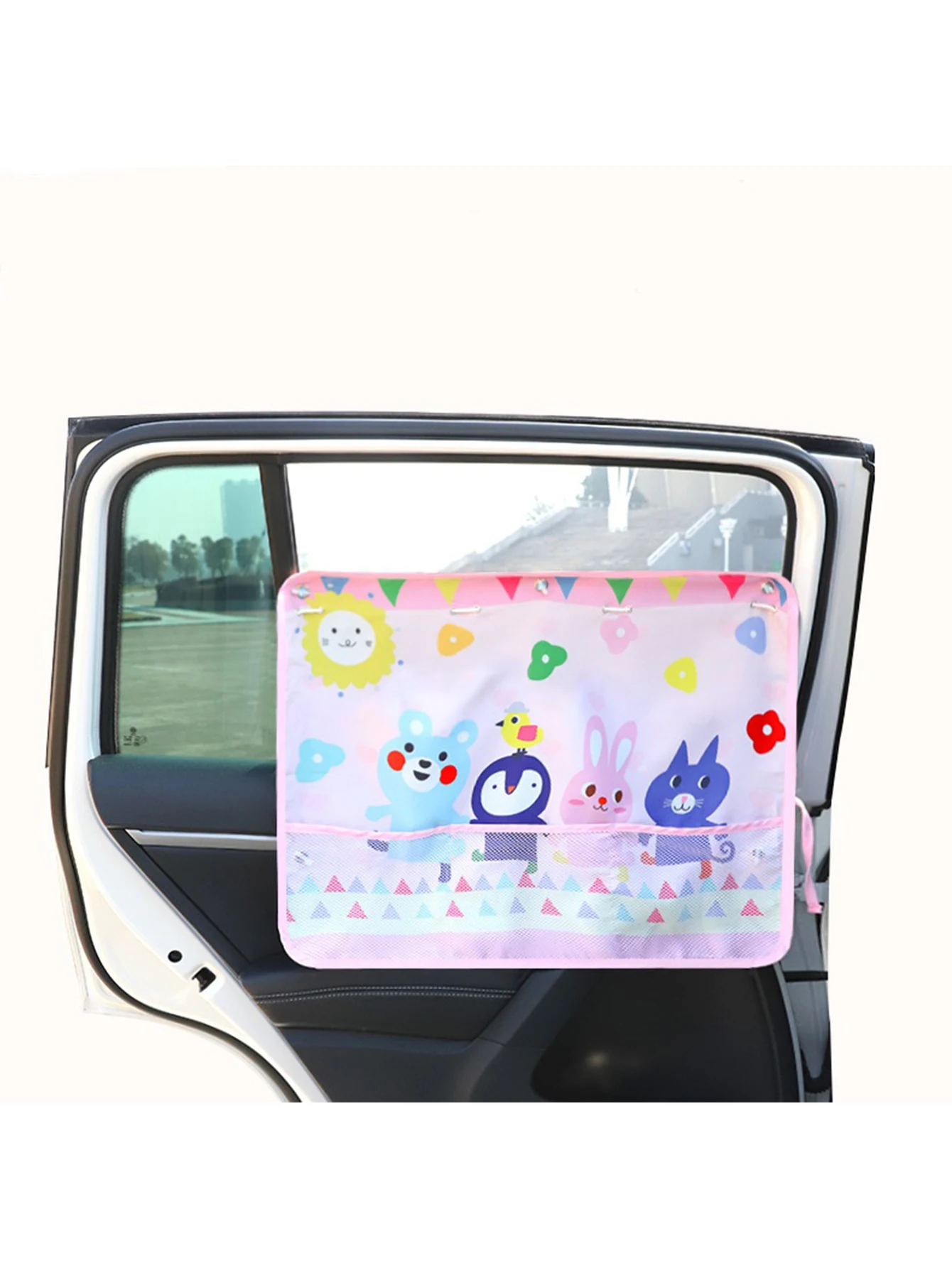Car Sunshade with Mesh Pocket Storage Sun Protection Storage Bag Baby Sun Protection Shade Retractable Heat Shield