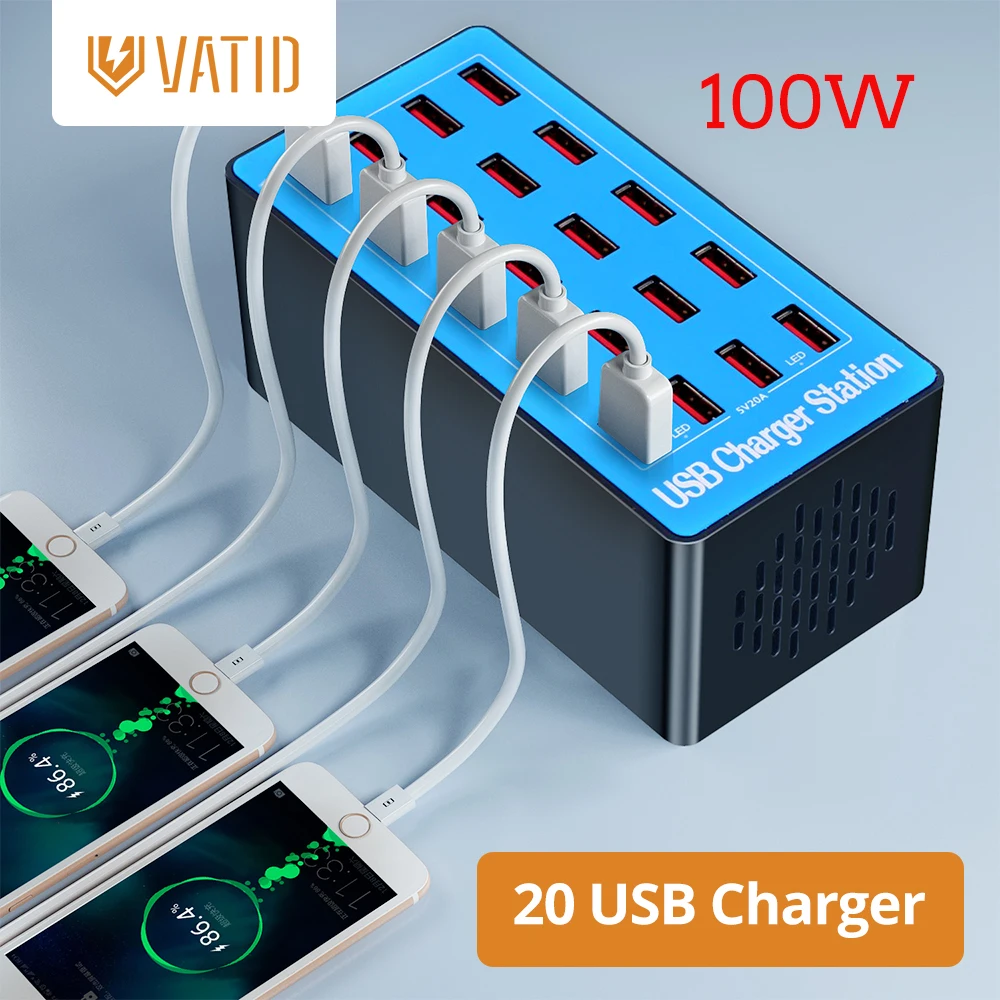 Vatid 20 Ports 100W Phone USB Charger For iPhone iPad Xiaomi Samsung Multiple Desktop Charging