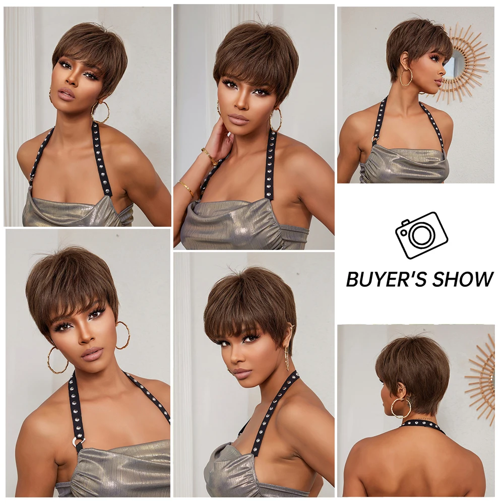 Human Hair Pixie Cut Bob Wig Lace Frontal Natural Brown Remy Human Hair Wig For Women Daily Machine Made Heat Resistant