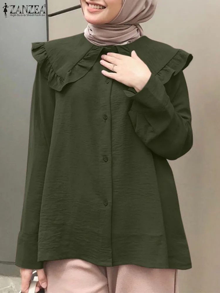 

ZANZEA Women Summer Shirt Casual Buttons Down Tops Dubai Turkey Abaya Hijab Blusas Islamic Elegant Long Sleeve Ruffles Blouse