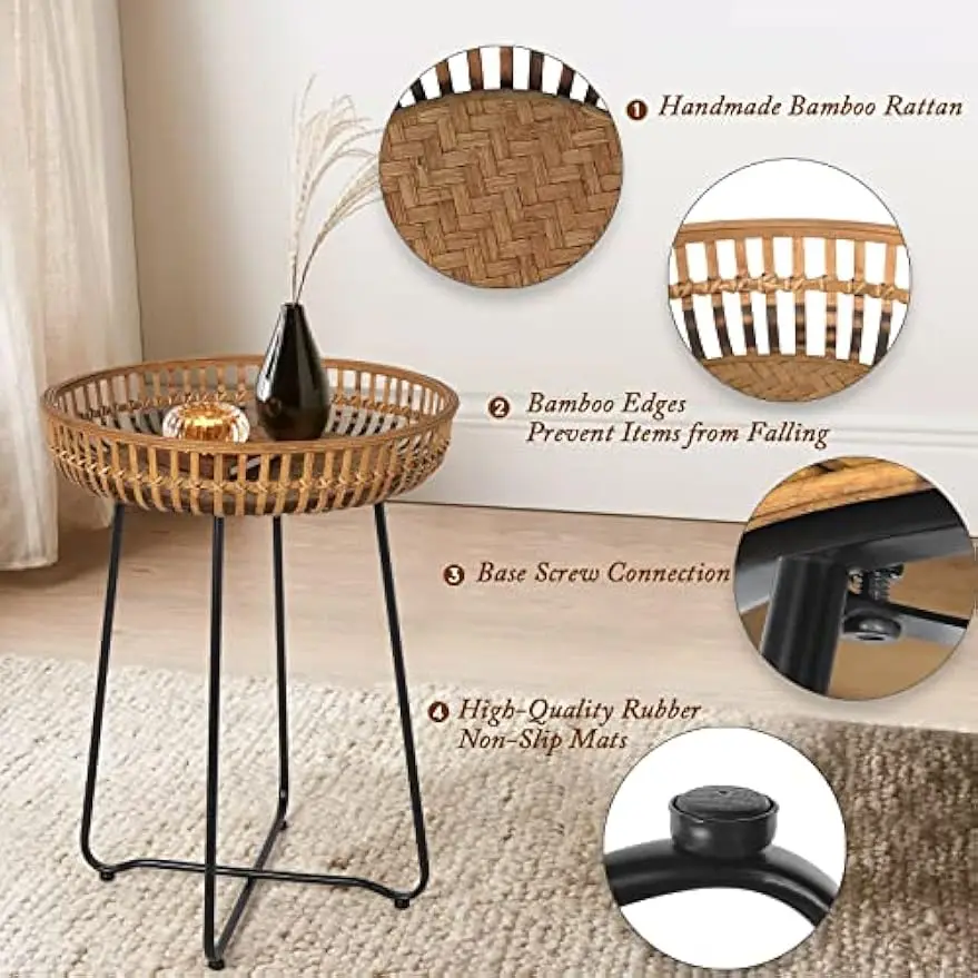 Comfort corner Rattan Side Table Nesting Tables Set of 2, Bamboo Round Coffee Table Metal Base End for Living Room