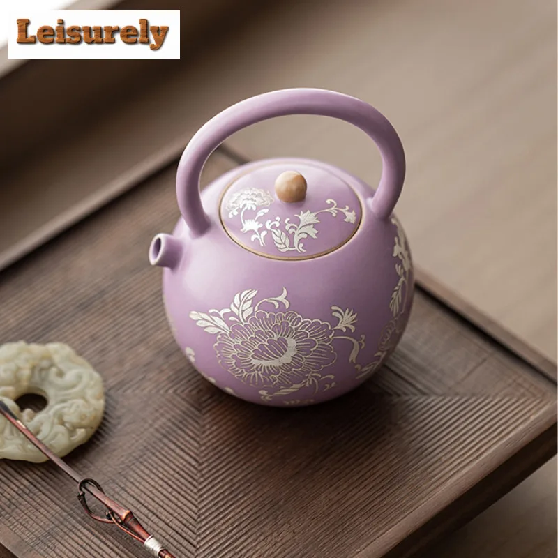 250ML Purple Ru Porcelain Gild Silver Peony Teapot Retro Tea Infuser Lifting Handle Pot Tea Maker Kettle With Strainer Teaset