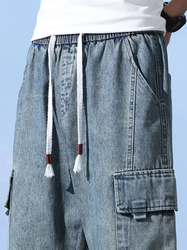 Stretch Straight Men's Wide Jeans Casual Sweatpants Male Clothes Pocket Drawstring Cargo Pants Fashion Korean Jogging Trousers 5