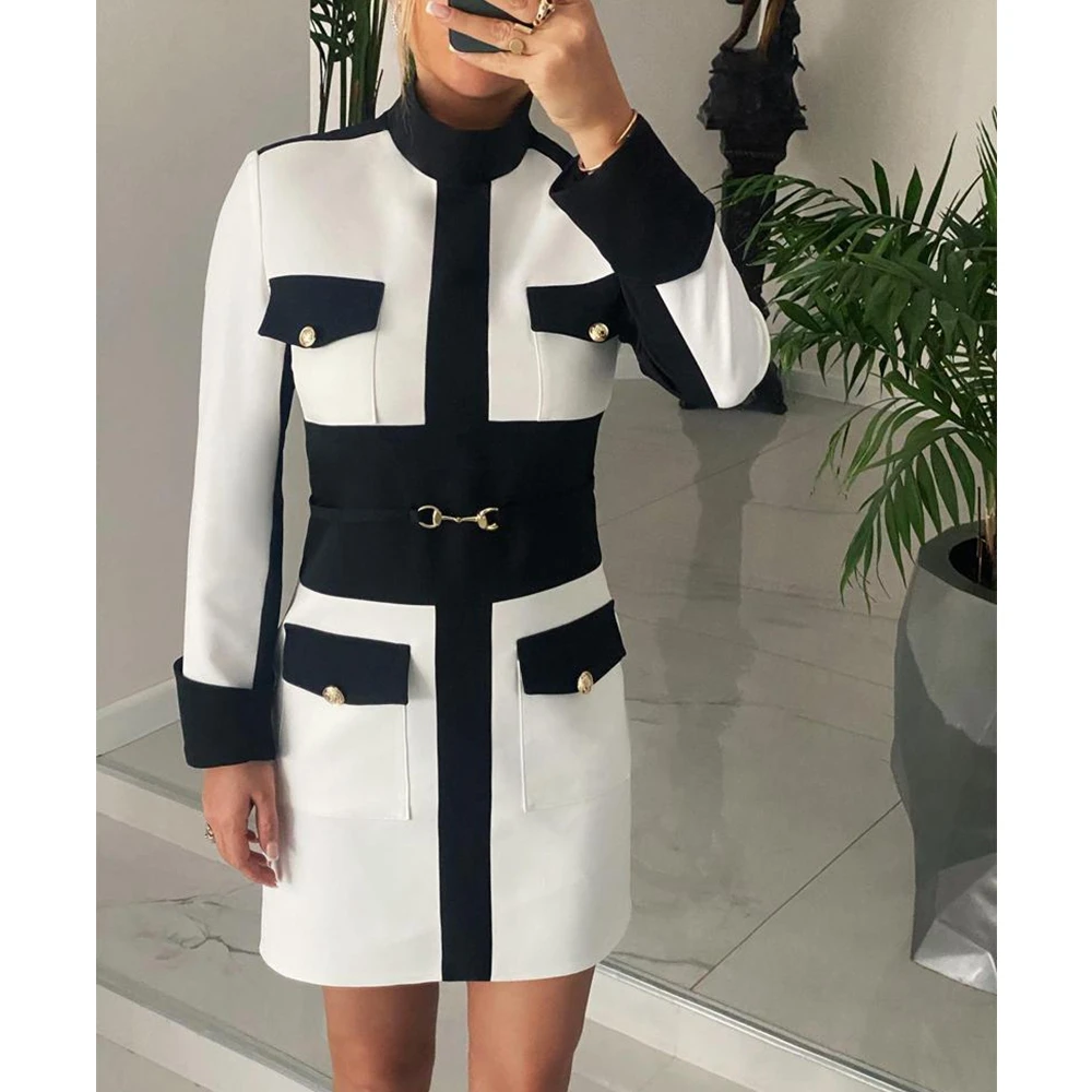 

Wepbel Color Contrast Patchwork Dress Women Slim Fits Long Sleeve Midi Dress High Waist Colorblock Pocket Design Work Dress