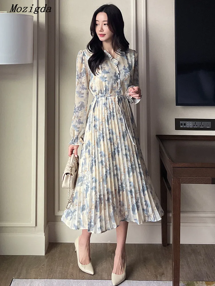 

Spring Summer Chiffon Dress Women Lantern Sleeve Ruffles Floral Elegant V-neck Full Sleeve Loose Female Ladies Dresses