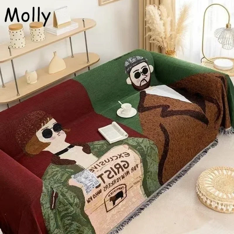 Cartoon Characters Pattern Knit Cotton Fringed Couch Throw Blanket Large Sofa Blanket Nap Blankets Outdoor Picnic Mat Home Decor
